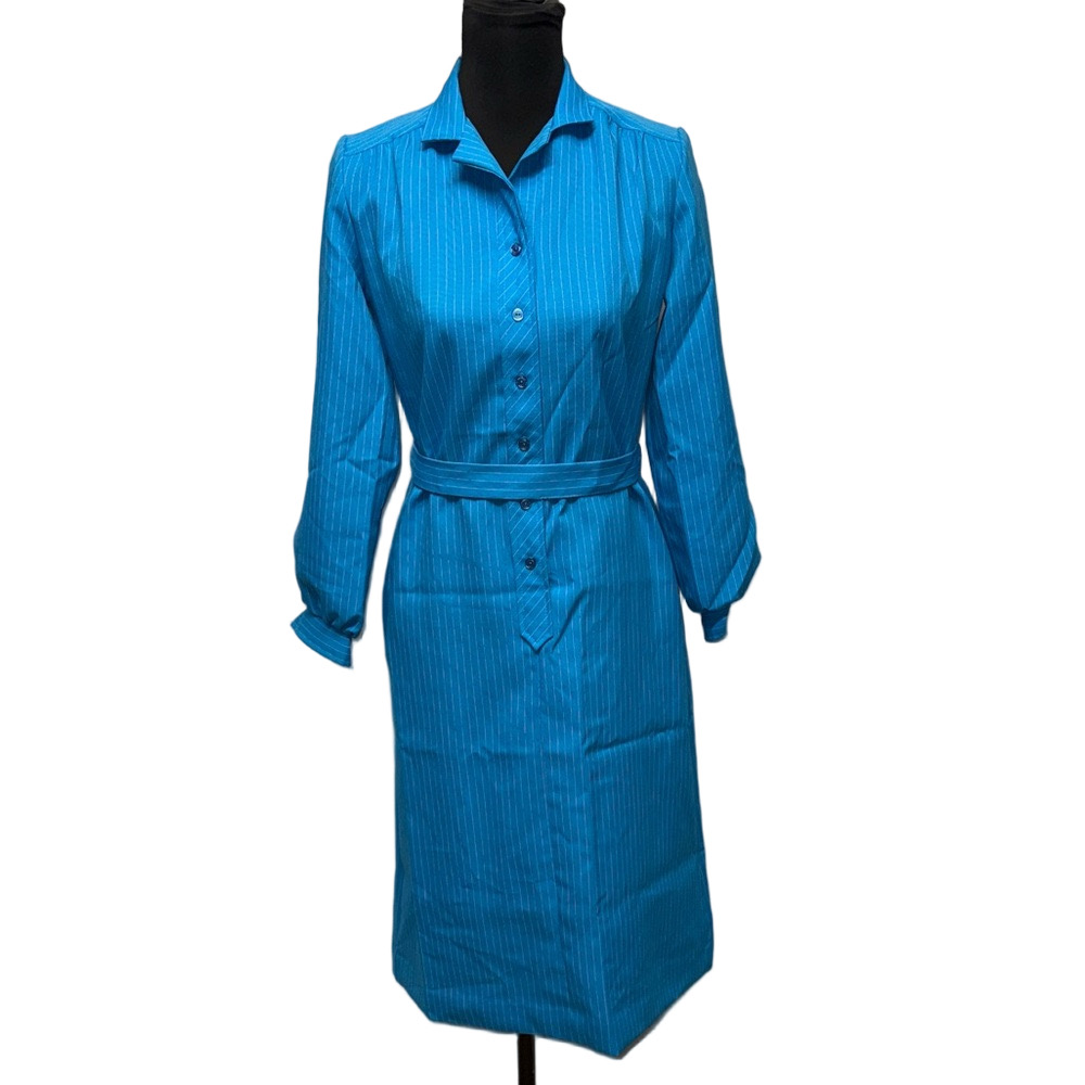 Nancy II Women’s Vintage Blue Pinstripe Shirt Dress Long Sleeve Belted Size 10